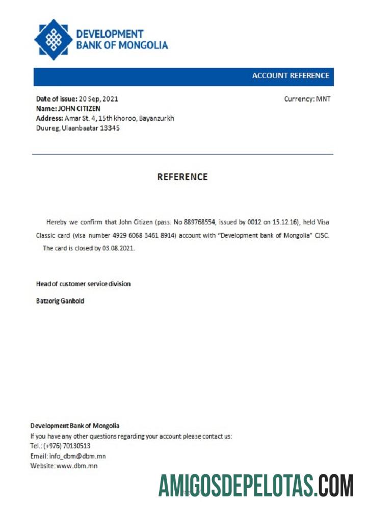 Referência de fechamento do Banco de Desenvolvimento da Mongólia da Mongólia exemplo